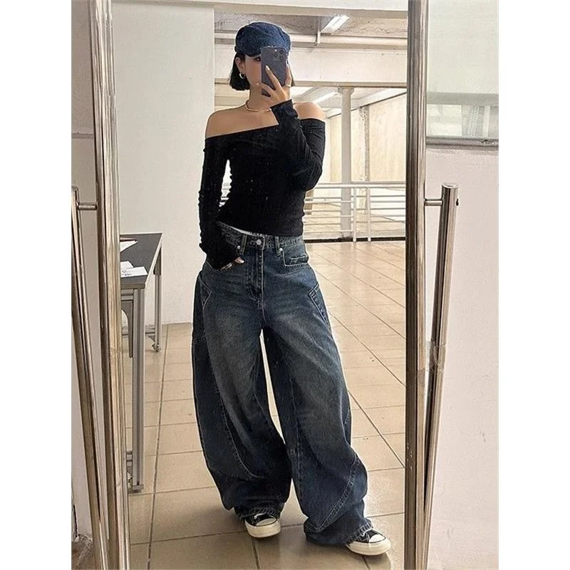 Retro Heavy Du Wide Leg Jeans Women's Autumn Winter Loose Slim Straight Floor-Length Pants High Waist Denim Fabric