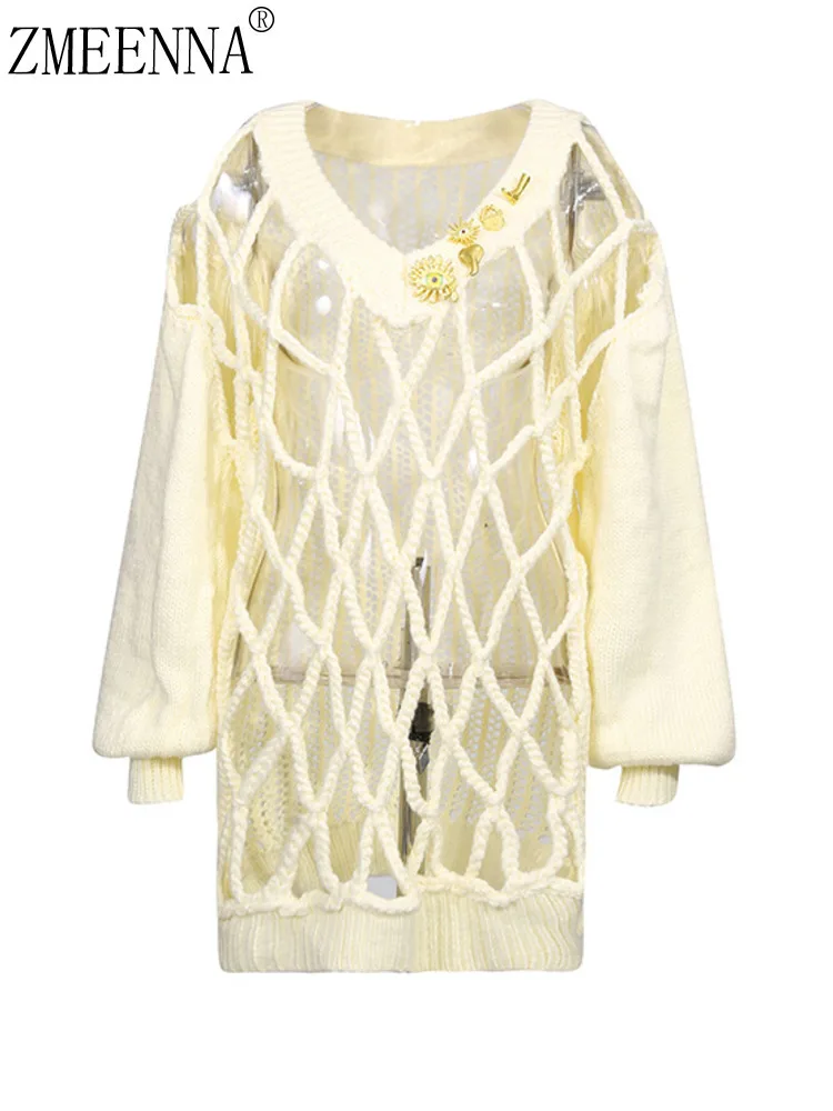 

ZMEENNA Womens Oversized Knit Sweater V Neck Crocheted Mesh Fishnet Hollow Out Long Puff Sleeve Cover Up Pullover ZM4518