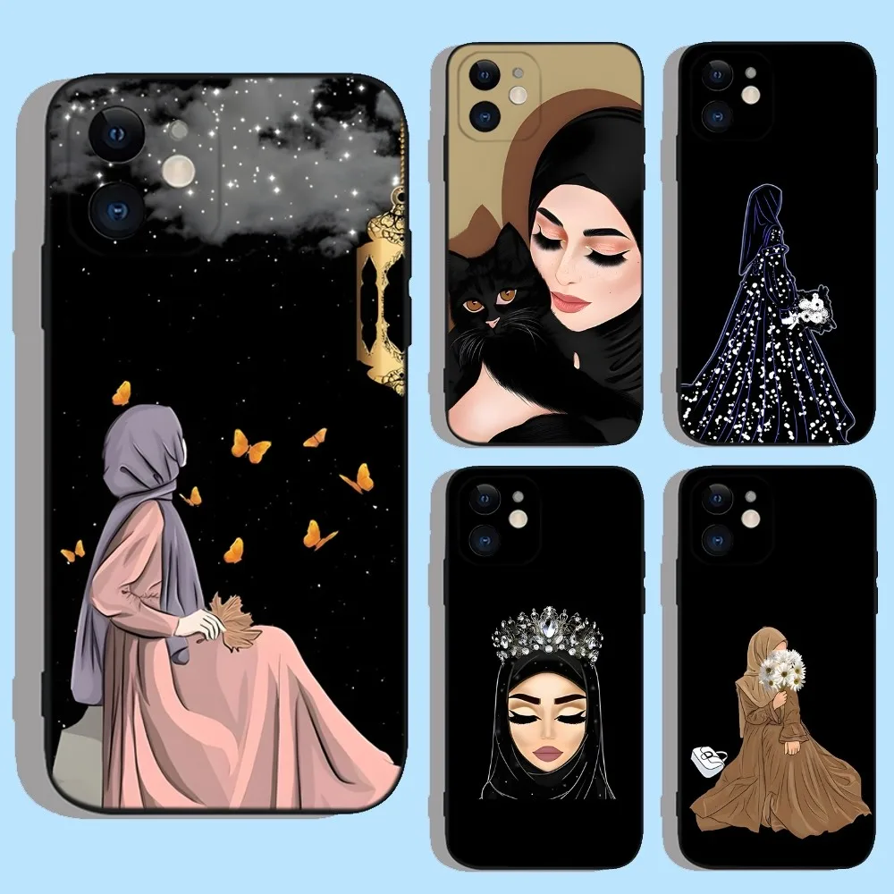 Muslim Arabic Hijab Girl Phone Case For Apple iPhone 15,14,13,12,11,XS,XR,X,8,7,Pro,Max,Plus,mini Silicone Black Cover