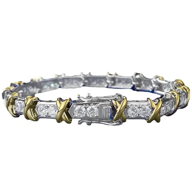 

KARLOCHS925 Silver Electric Divided Gold XO Double tone Diamond Bracelet with European and American Retro Fashion temperament