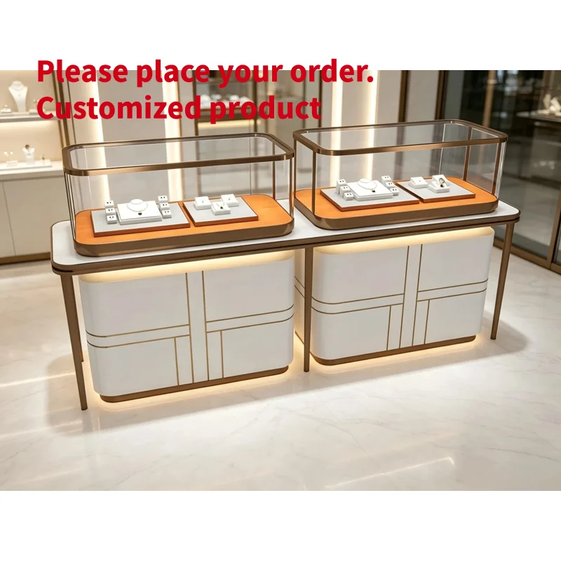 custom.Luxury Dual Unit Combined Jewelry Display Counter Bronze Gold Frame LED Light White Lacquer Cabinet Tempered Glass f