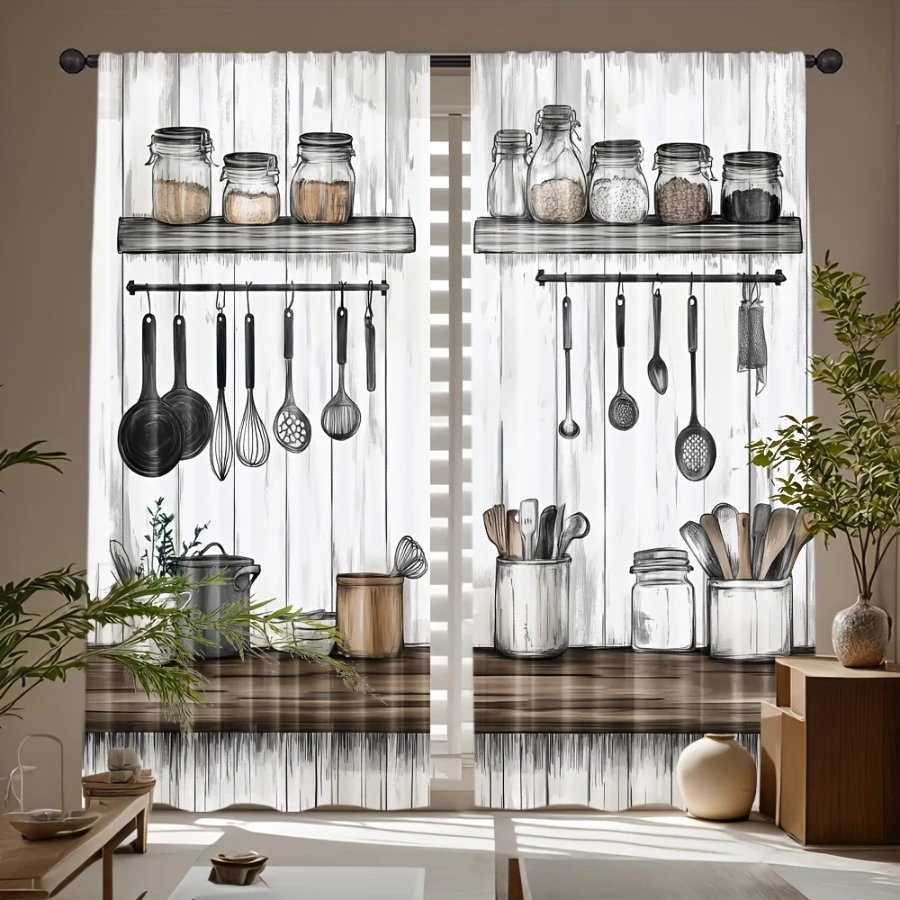 2PCS Digital Print Curtain, Vintage Kitchen Utensil Retro Cooking, Farmhouse Rustic for Living Room Bedroom Kitchen Decor