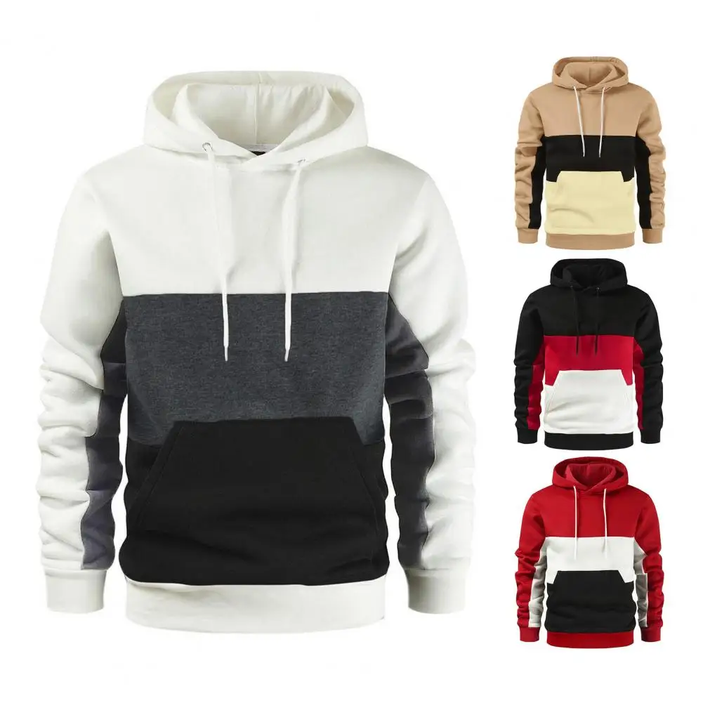 

Hooded Pocket Sweatshirt Stylish Men's Winter Hooded Sweater Color Block Design Warm Comfortable with Big Pocket for Autumn Men