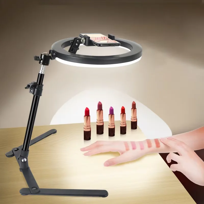 Desktop Phone Holder 10''Ring Lamp LED Selfie Light Retractable Overhead Shooting Stand for Beauty Makeup Live Broadcast Video