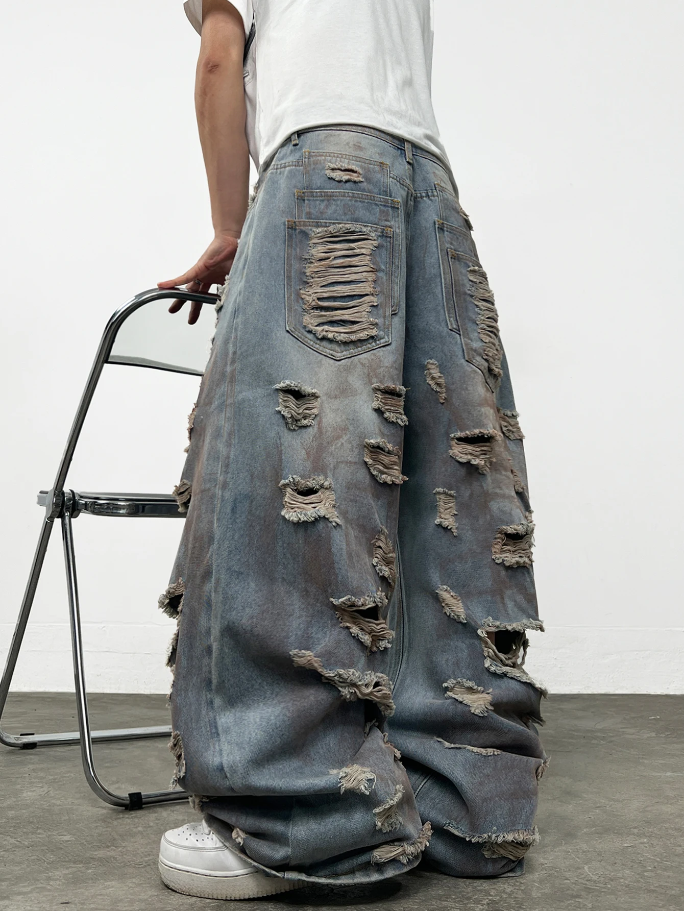American-Style High Street Printed Distressed Heavy Washed Men's Loose Wide-Leg Jeans Y2K Street Hip-Hop Trendy Versatile Pants