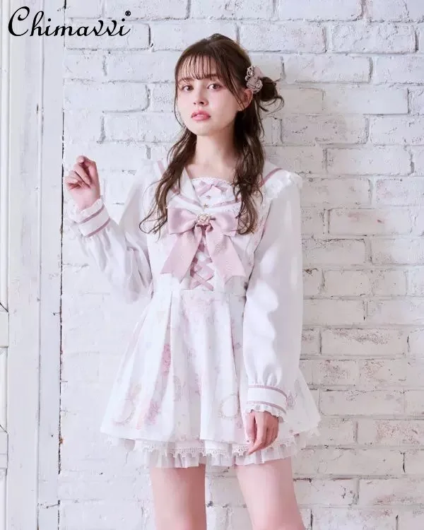 Japonês mina liz vestido define novo 2025 outono feminino gola de marinheiro bonito arco manga longa vestido impresso e shorts 2 peça terno