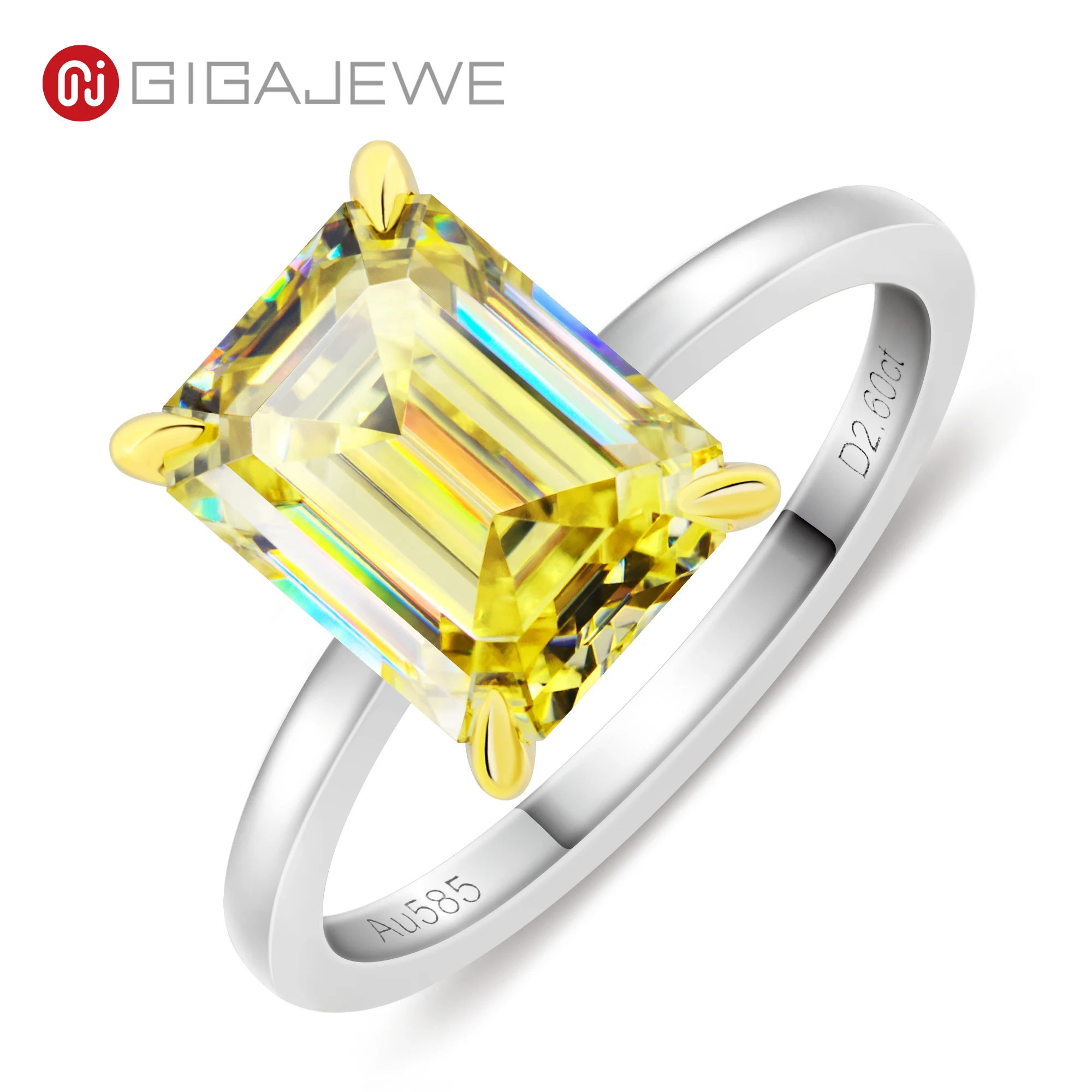 GIGAJEWE 3.0ct 7x9mm Vivid Yellow Color Moissanite VVS1 Emerald Cut 18K White Gold Ring Jewelry Woman Girlfriend Engagement Gift