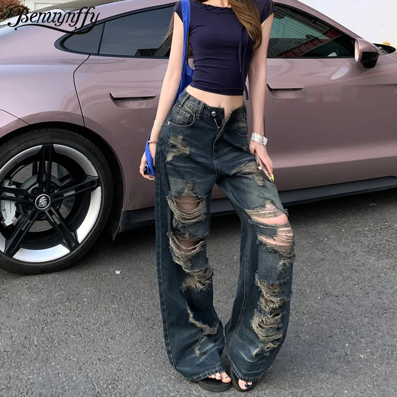 

Benuynffy американские ретро уличные потертые рваные джинсы женские Y2k в стиле Bf уличная одежда в стиле Харадзюку свободные прямые широкие брюки