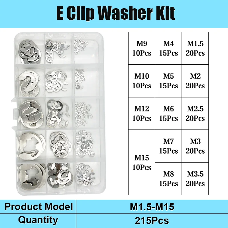 320/215 Stück E-Clip-Unterlegscheibe 304 A2 Edelstahl-Sicherungsring-Unterlegscheibe E-förmiger Außensicherungsring Sicherungsring für Schaft-Kit M1,5 ~ M15 – Detail 7
