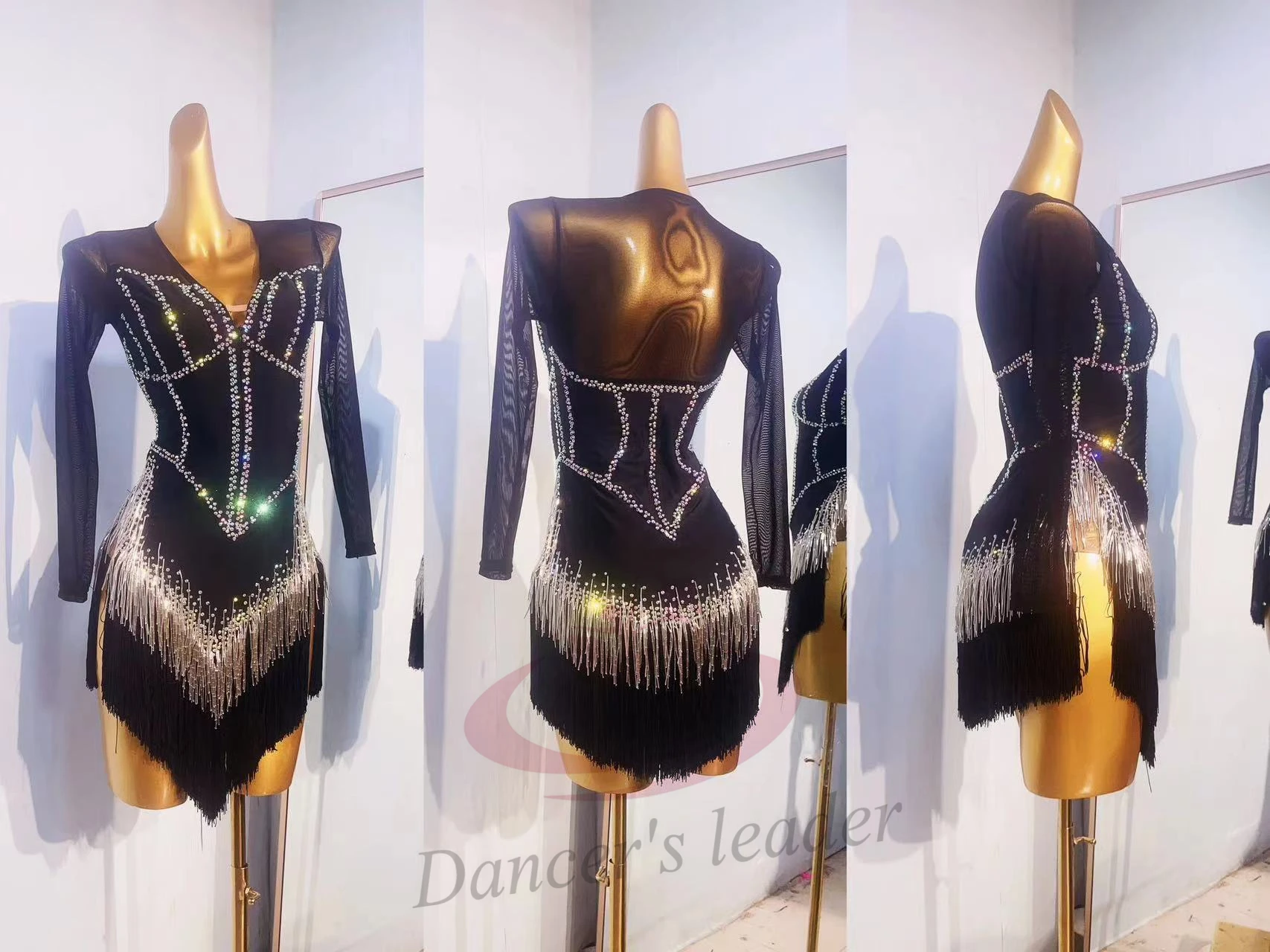 การแข่งขันเต้นรําละตินผู้หญิง High-end CUSTOM ผ้าไหมสีดําตาข่ายเพชร Tango เครื่องแต่งกายสีดําสระว่ายน้ําชุด