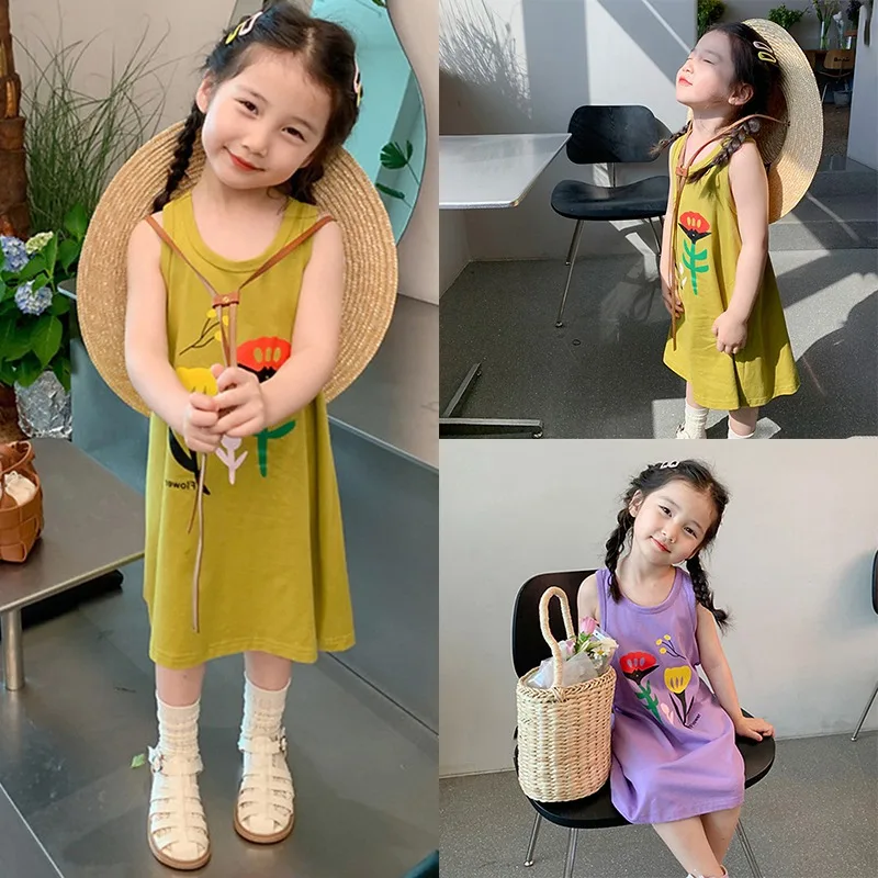 Summer Early Autumn Baby Girls Children Kids Korean Style Loose Posh Outdoor Casual Style Flower Print Sleeveless Shift Dress