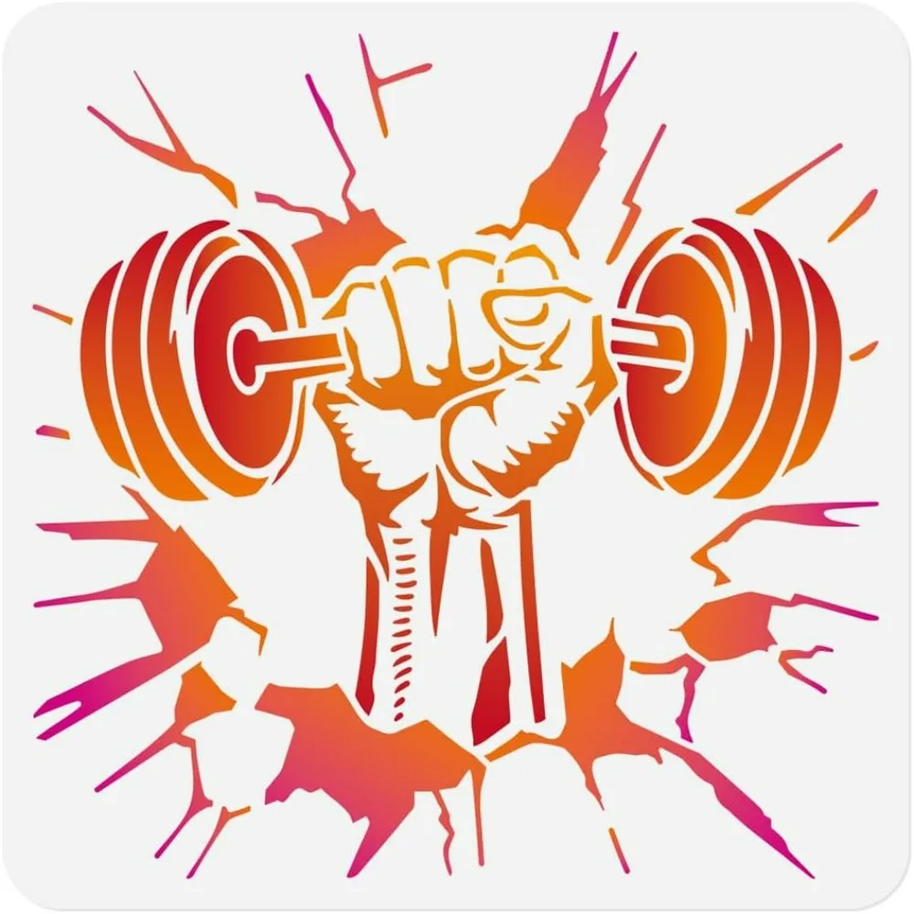 Hand Lifting Dumbbell Wall Stencil for Painting on Gym 11.8 x 11.8 Inch Reusable Plastic Weightlifting Craft Stencil
