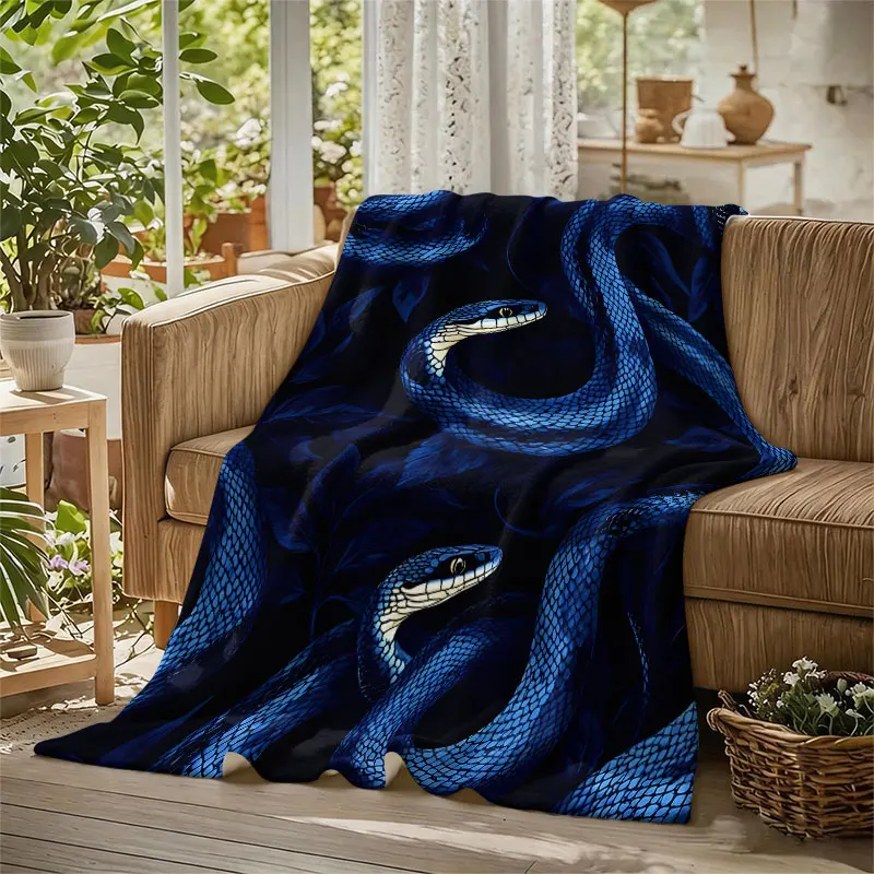 Blue Snake Foliage Flannel Blanket Warm Soft Halloween Christmas Decorative Couch Warm Cozy All-Season Gift