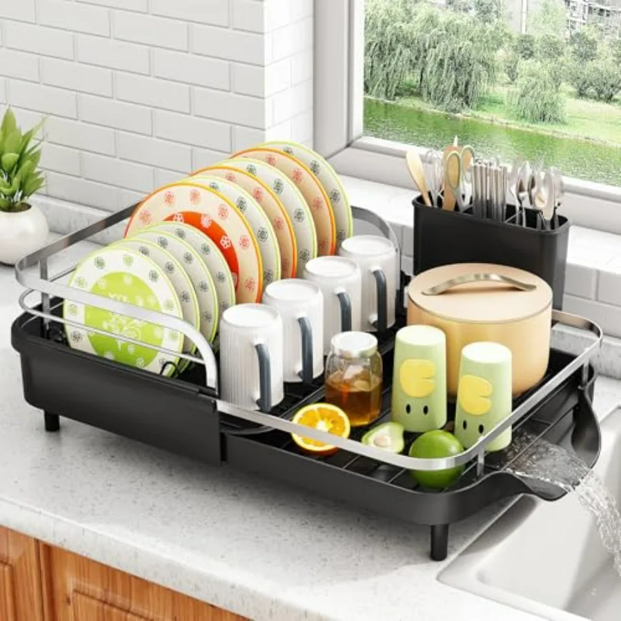 

Expandable Dish Drying Rack for Kitchen Counter Rust-Resistant Dish Drainer with Utensil Holder and Raised Guardrail Kitchen Or