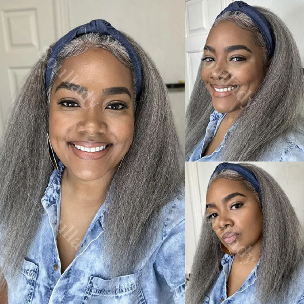 

Soul Lady Salt And Pepper Kinky Straight Human Hair 3/4 Half Wig yaki Straight Blow Out Glueless 3 In 1 Wigs