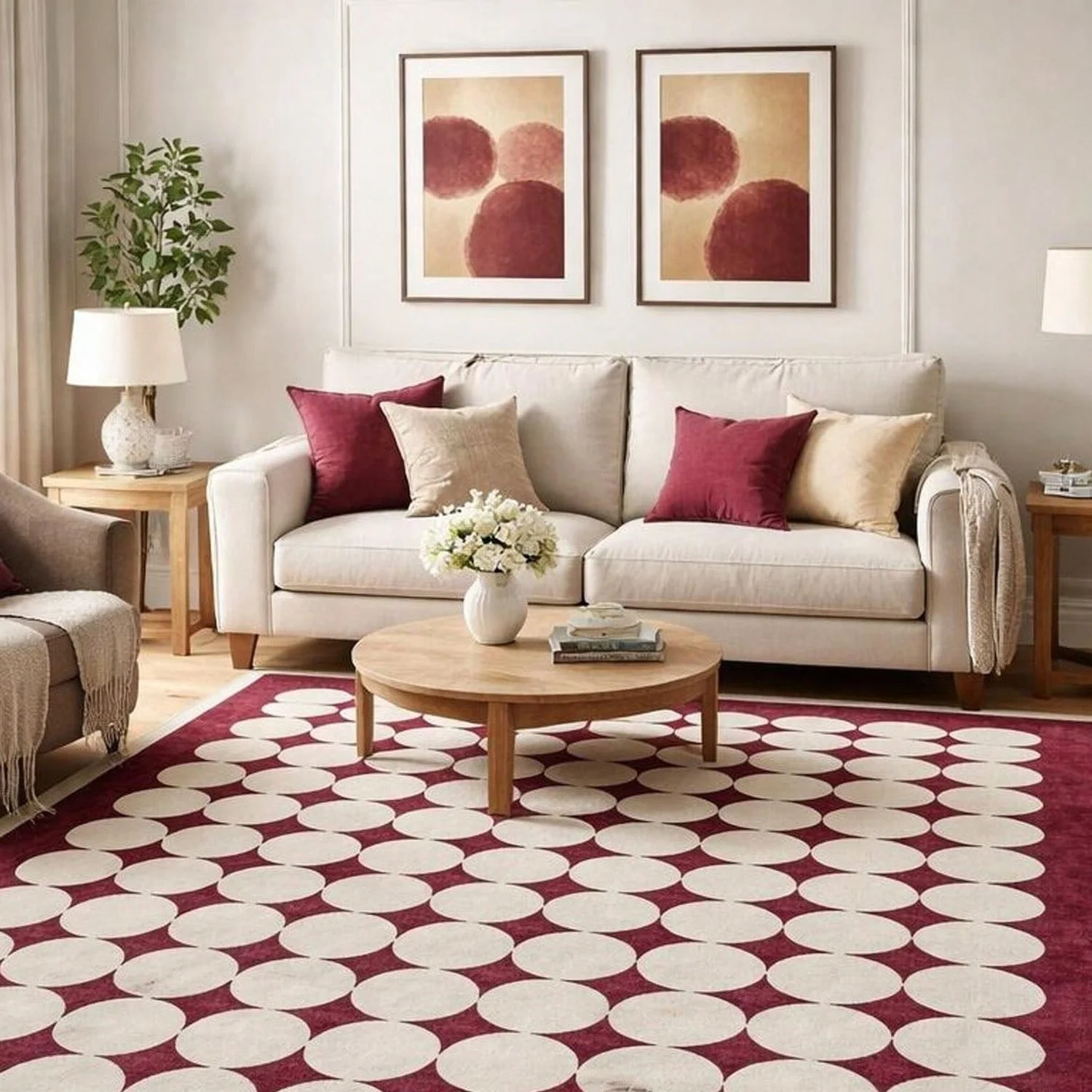 Mid-Century Modern Style Living Room Rug, R Geometric Burgundy Rug, 70S Style Merlot Circular Pattern Rug, Large Modern Aesthetic Rug.
