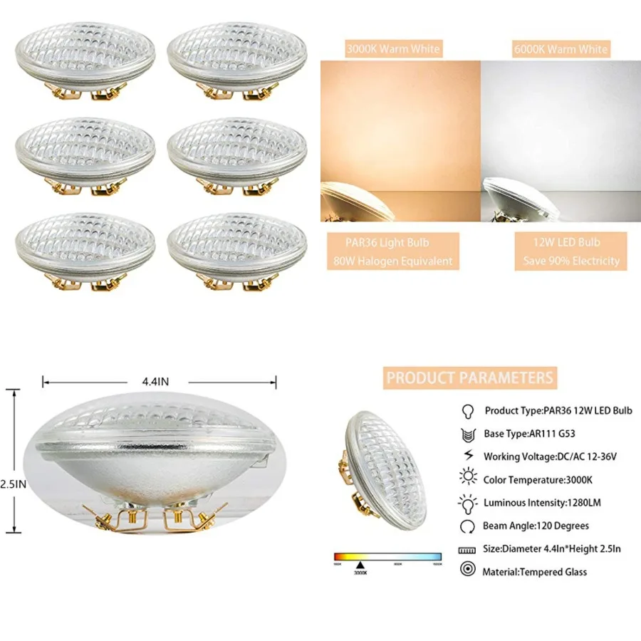 

PAR36 LED Landscape Lighting 1200LM Eq to 100Watt Halogen 12V-36V White Waterproof, PAR36 Flood Light 12V Multipurpose Base Lig