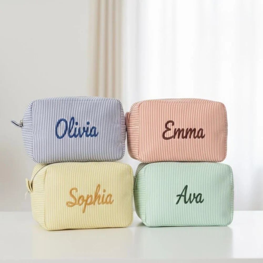 Custom Embroidered Monogram Name Toiletry Pouch, Large‑Capacity Zipper Makeup Organizer Bag for Girls Bridal Shower