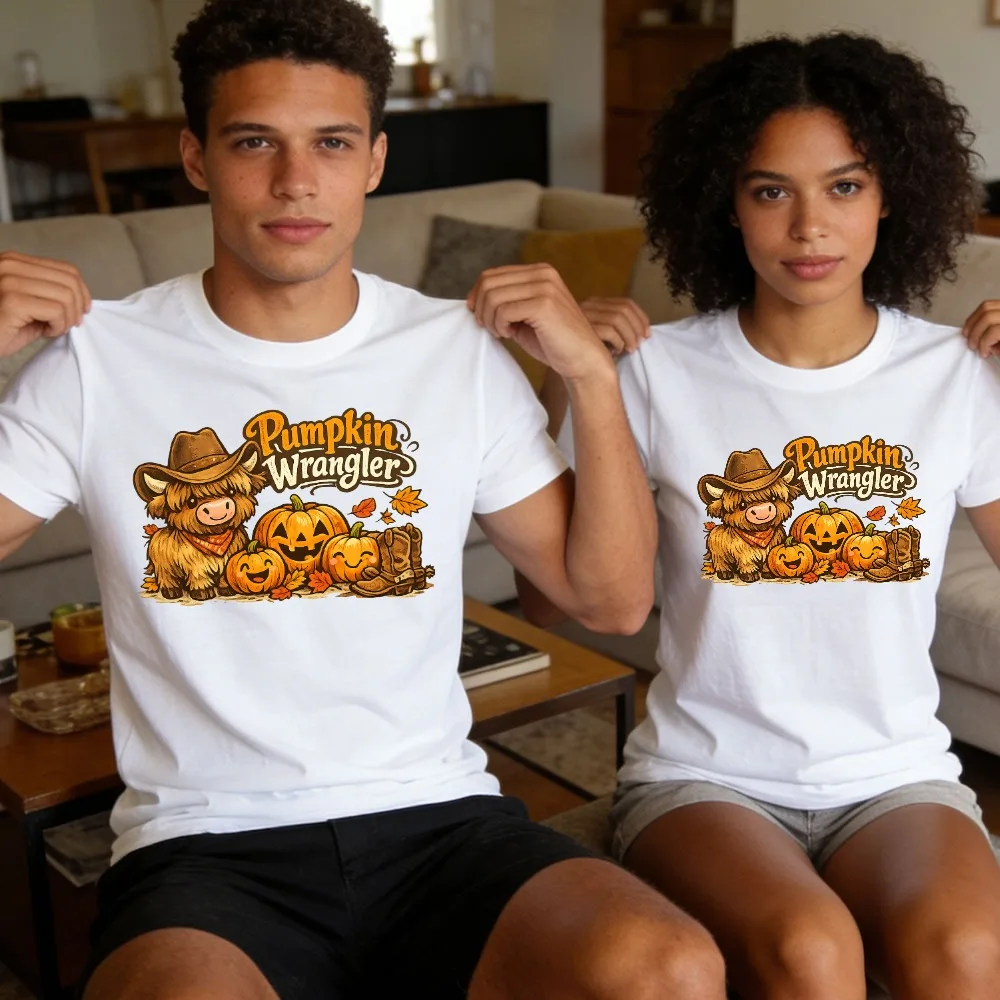 Pumpkin Wrangler Highland Cow Cotton T‑Shirt Western Cowboy Fall Autumn Pumpkin Leaves Tee Unisex Harvest Season Gift Top