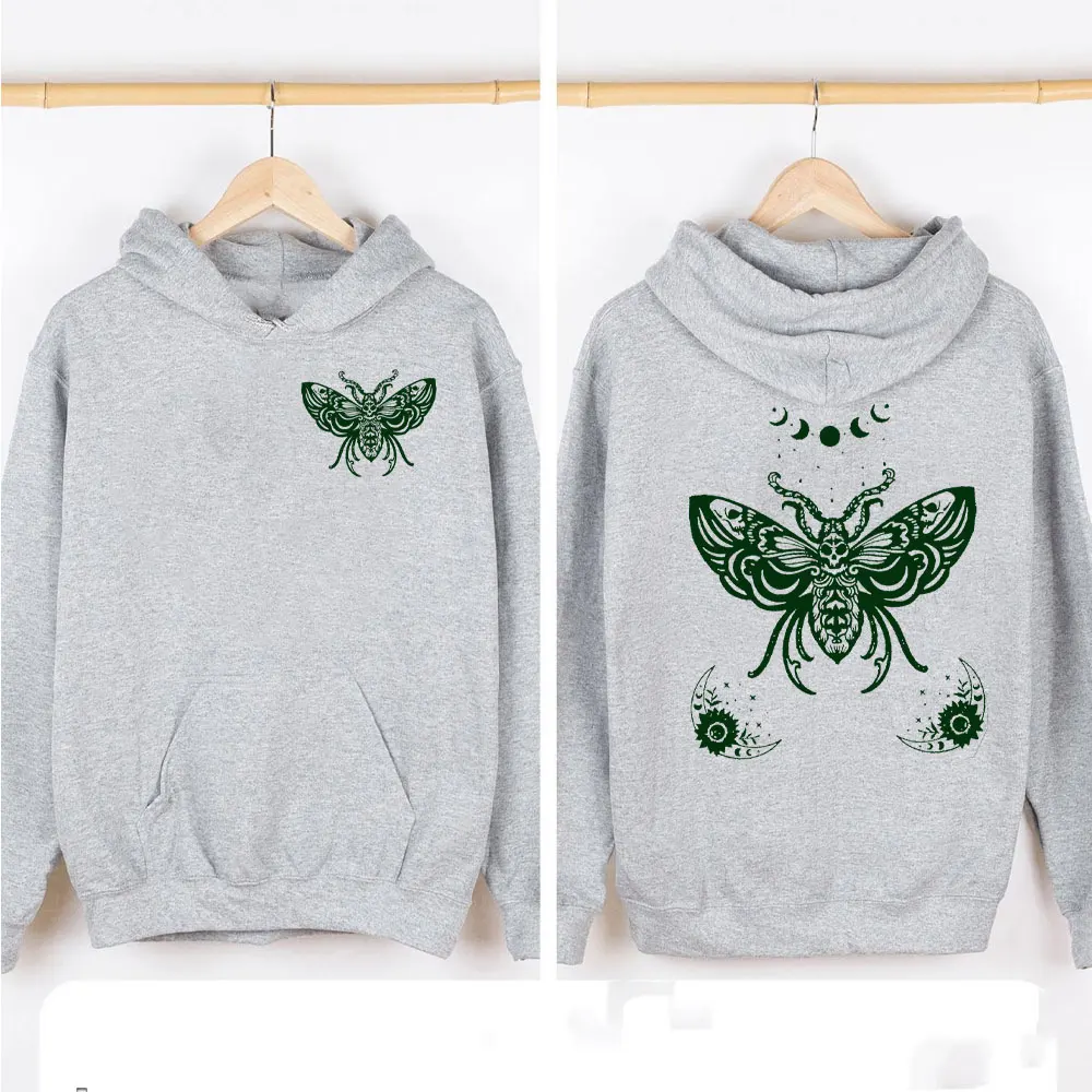 Goblincore Hoodie Fairy Grunge Clothing Celestial Lunar Moth Hoody Fairycore Hooded Sweatshirt Back Print Brown Aesthetic Tops