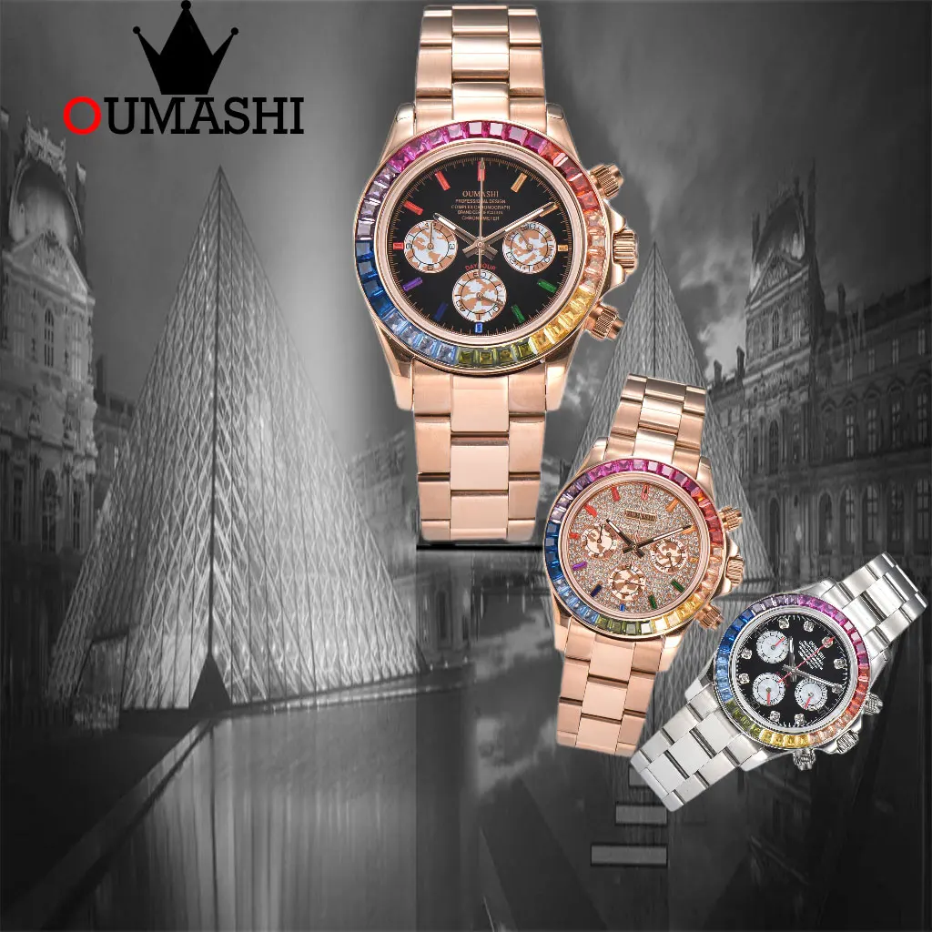 Modified VK63 colorful diamond gemstone watch OUMASHI-DTN series top men\'s sports panda three eye quartz watch, sapphire316steel