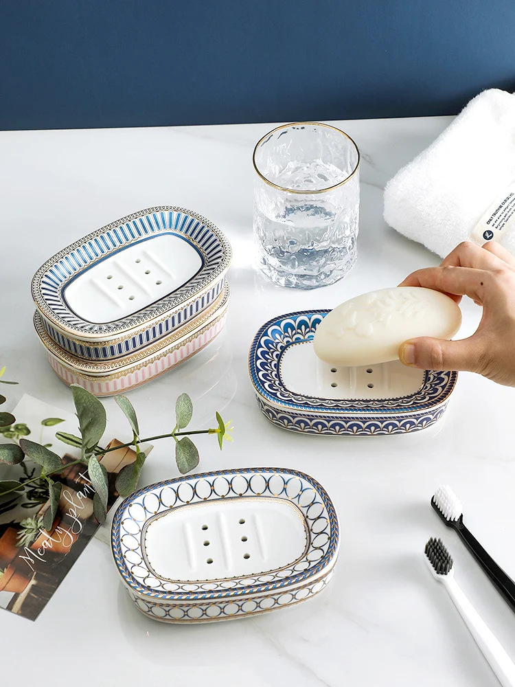 Nordic Home Decoration Gold Inlay Double Layer Holder Bathroom Ceramic Dish With Drain Hole Soap Container Soap Stand