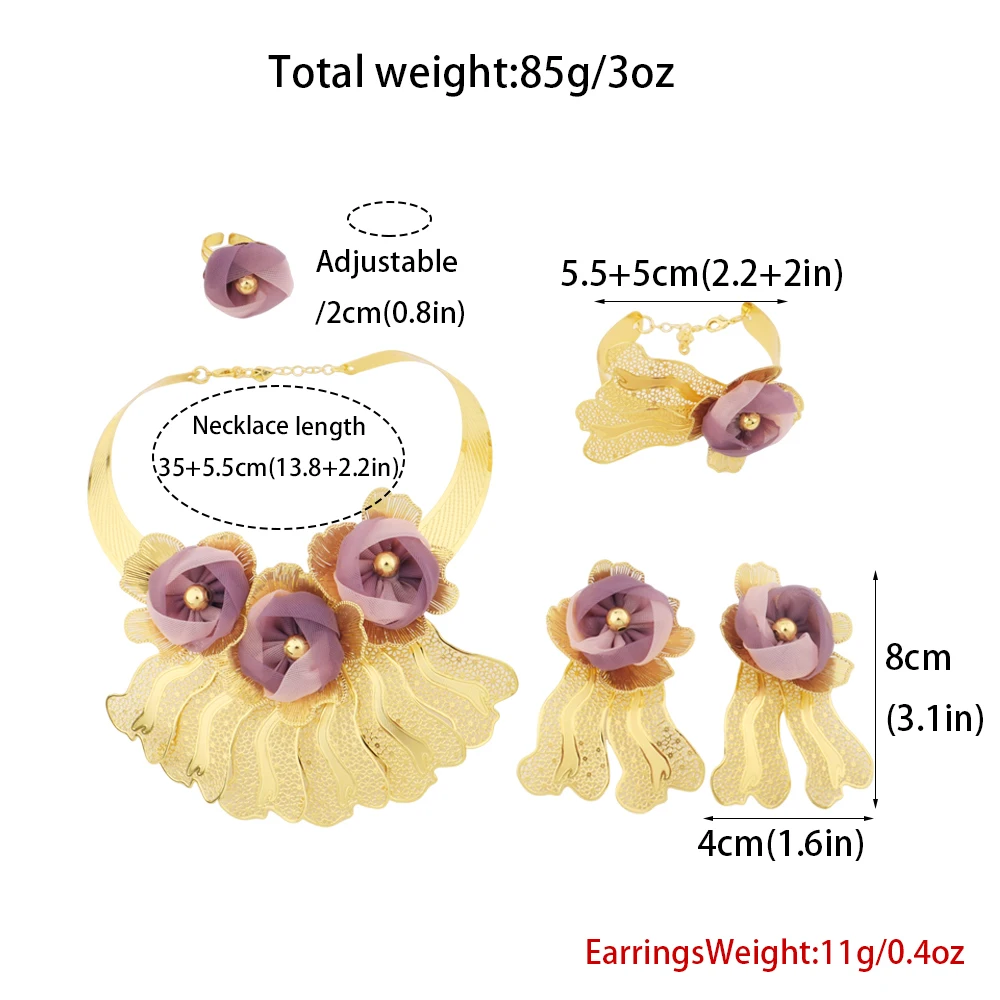 Luxury Noble Gold Plated Big Necklace Earrings Bracelet Ring for Women Purple Flower Shaped Jewelry Gift for Party Wedding