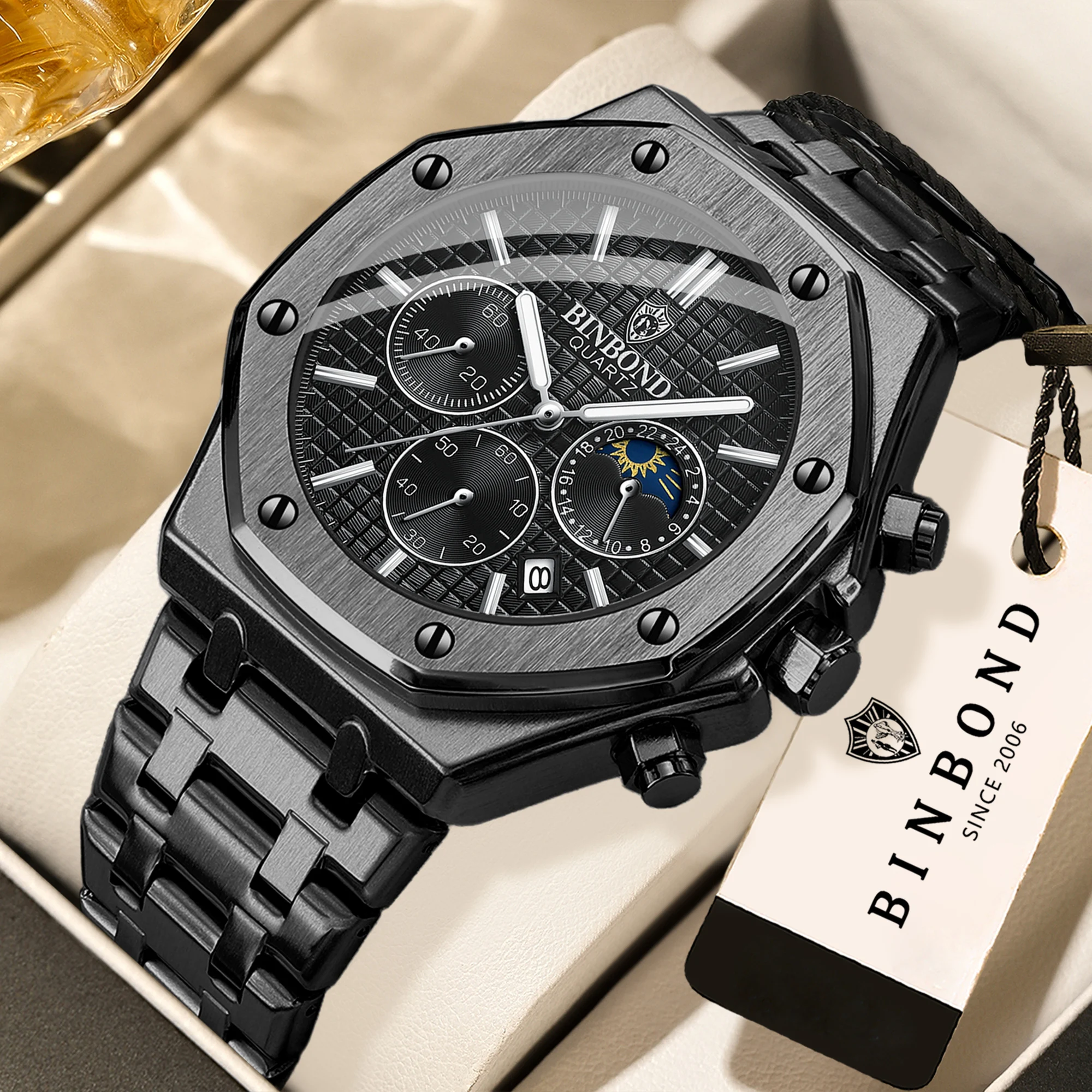 BINBOND Luxury Quartz Wristwatches Luminous Waterproof Auto Date Chronograph Men's Watch Business Sport Watch For Men Reloj