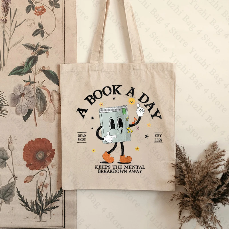 A Book A Day Pattern Shopping Bag Book Lover Large Capacity Shoulder Bag Women Canvas Bag Birthday Gift Bookworm