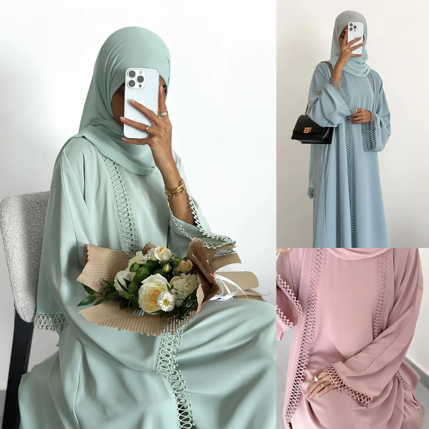 

Eid Abaya Women Flower Lace Cardigan Open Dress Muslim Jalabiya Ramadan Dubai Islam Long Robe Abaya Inner Dress Two Piece Set