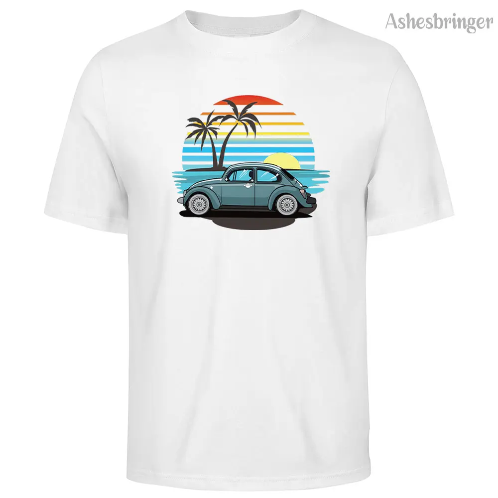 Men's Cotton Vintage Cars At Sunset Graphic Print T-shirt Tees Casual Loose Round Neck Street Style Tops for Men and Women