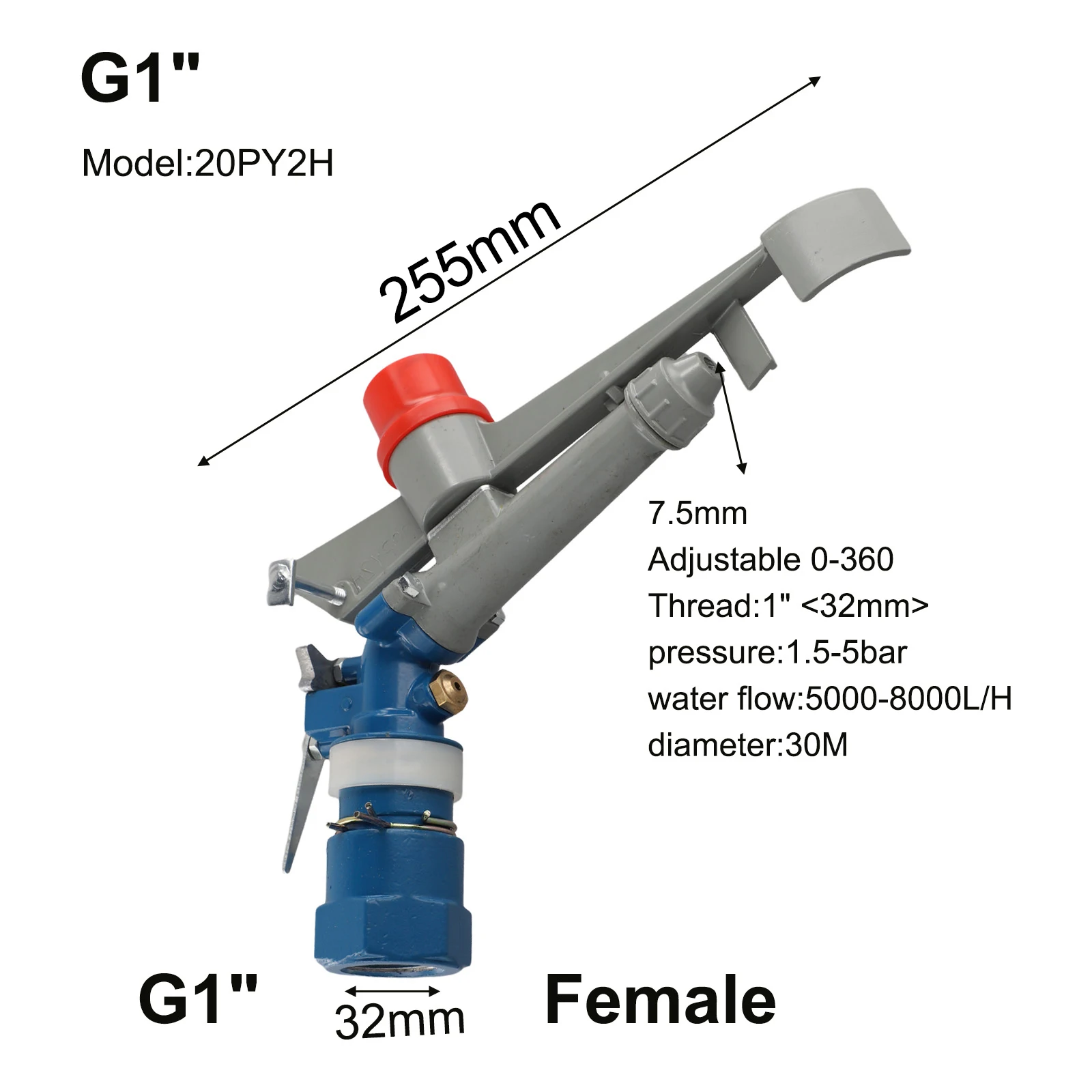 

1 шт., вращающийся спринклер для сельскохозяйственного орошения, регулируемый спринклер высокого давления для орошения садового газона, сахарного тростника, чая