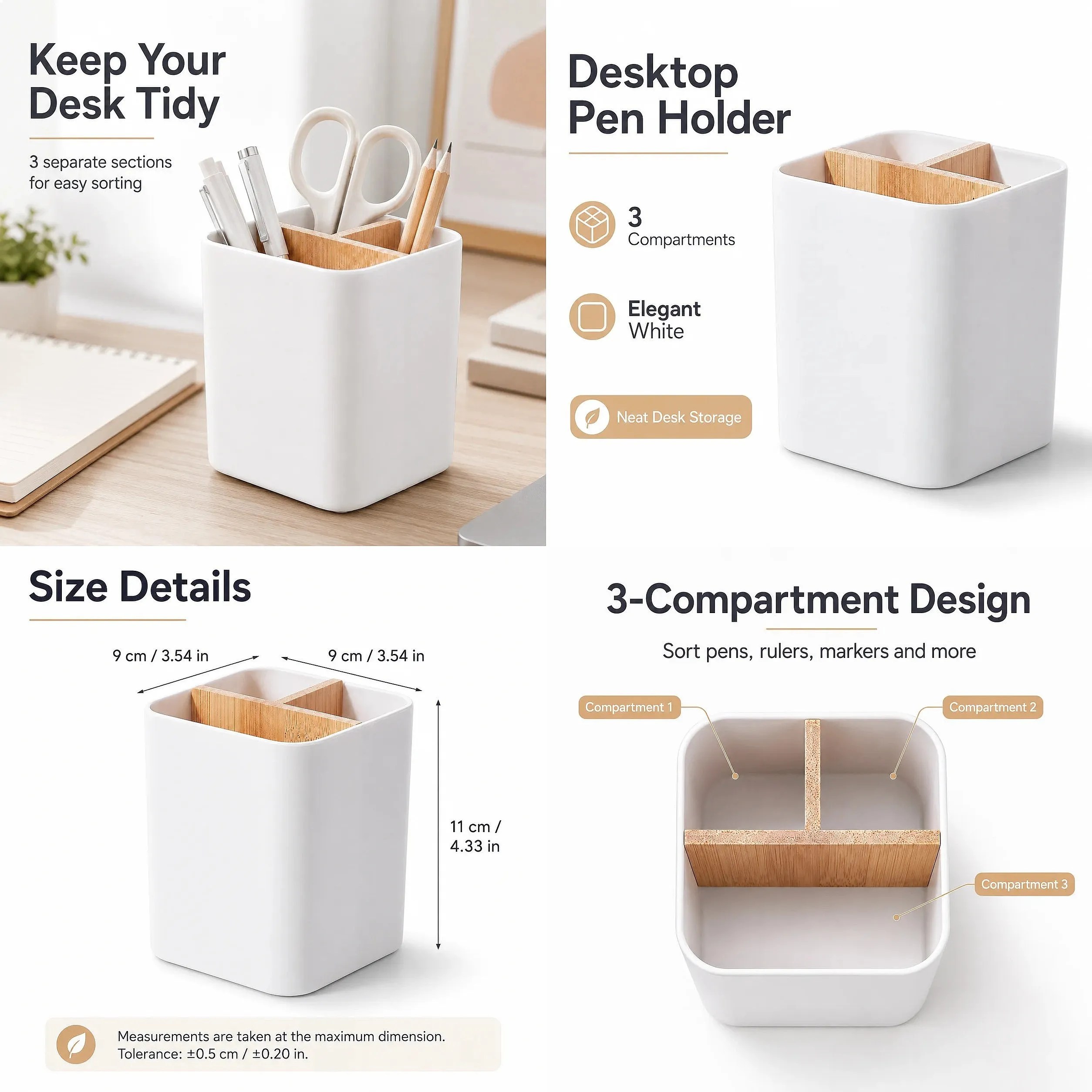 QA Modern Desk Pen Holder Organizer 3 Compartments Bamboo Divider White Minimalist Storage Cup for Office Home School Supplies O