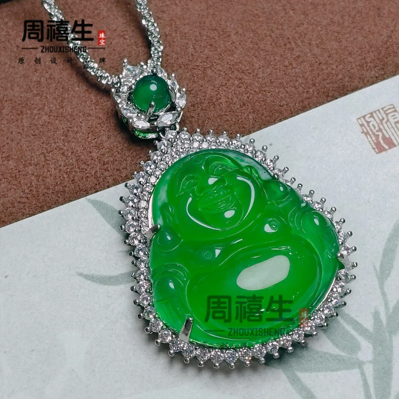 Silver-plated with chalcedony, featuring Laughing Maitreya Buddha, green agate jadeite pendant