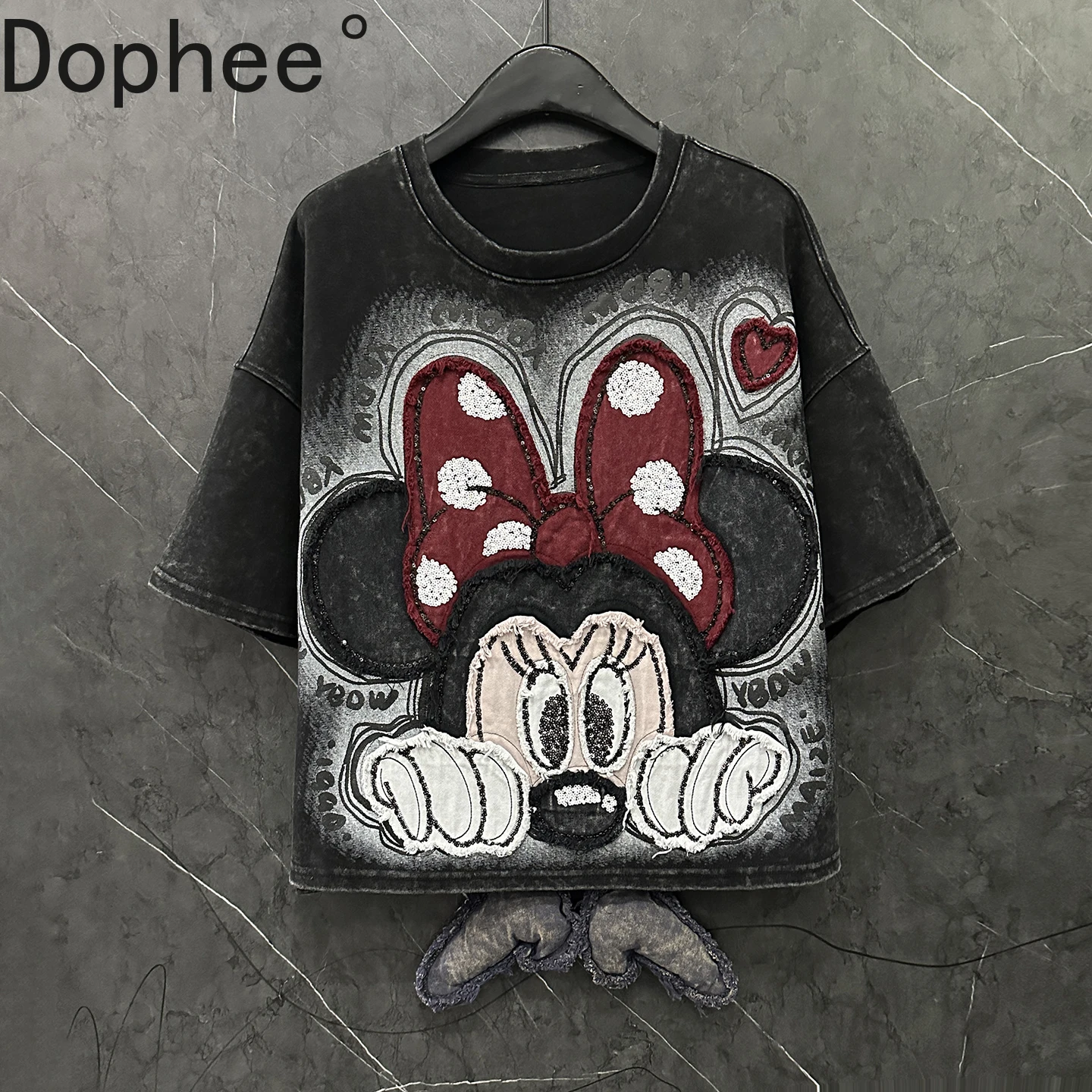 

2025 New Autumn Loose Women Short Sleeve Tees Sequins Embroidery Mickey Oversize Pullover Top All-match Casual Students T-shirts