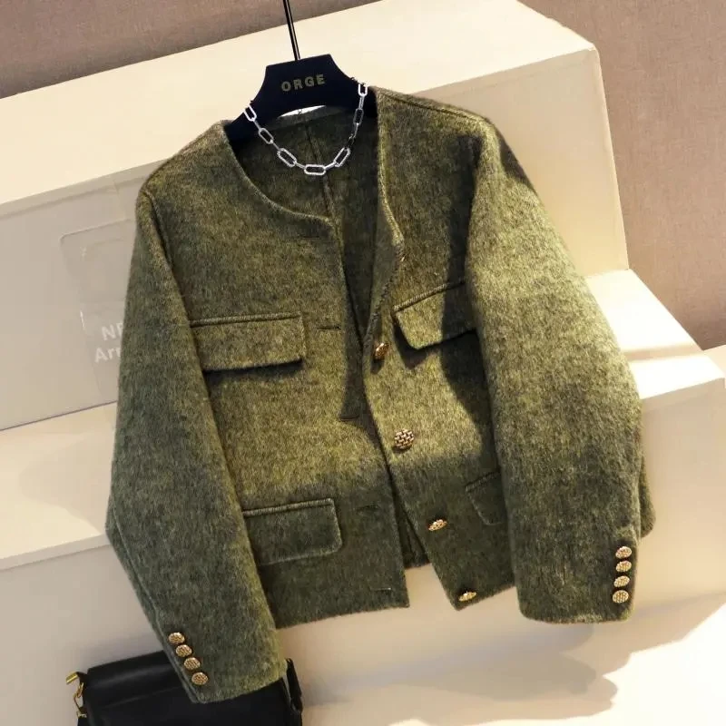 2025 Autumn Winter New Small fragrant style Woolen Short Jacket Fashion Temperament Slim O neck Coat Female Single breasted Tops
