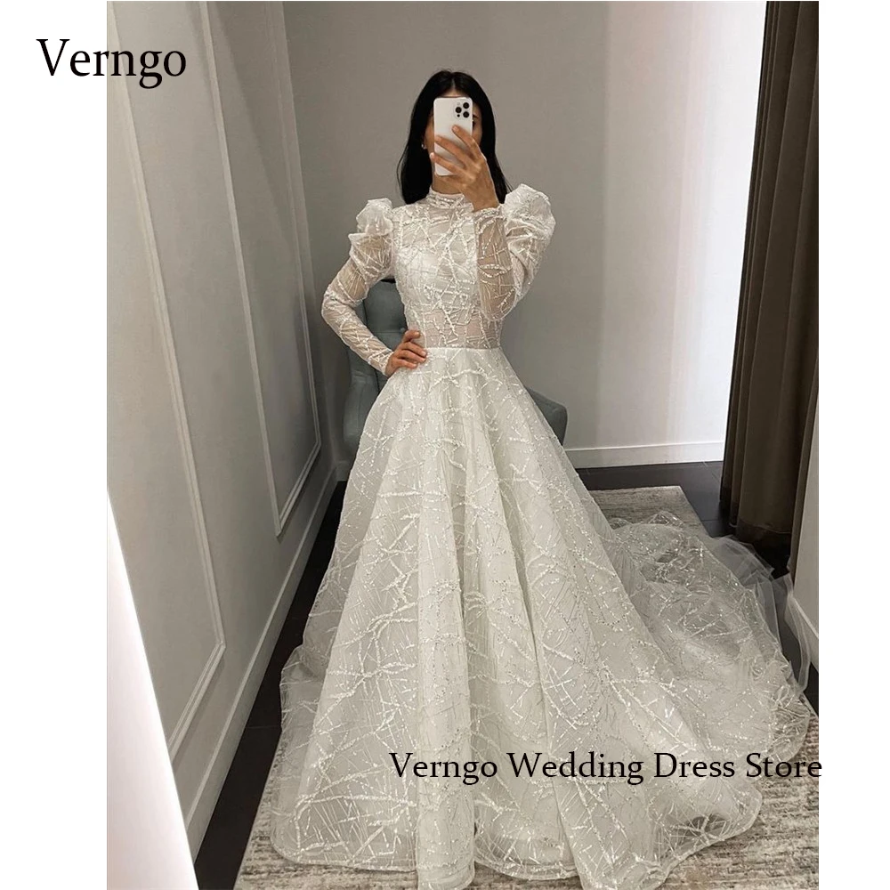 

Verngo Shiny Lace Sequin A Line Wedding Dresses Modest Long Sleeves High Neck 60 Cm Train Arabic Bridal Gowns Robe de mariage