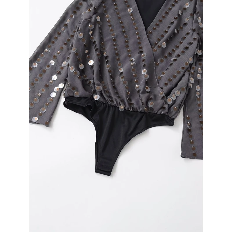 YENKYE Primavera 2026 Body de lentejuelas Sexy informal de manga larga acampanada con cuello en V cruzado para mujer