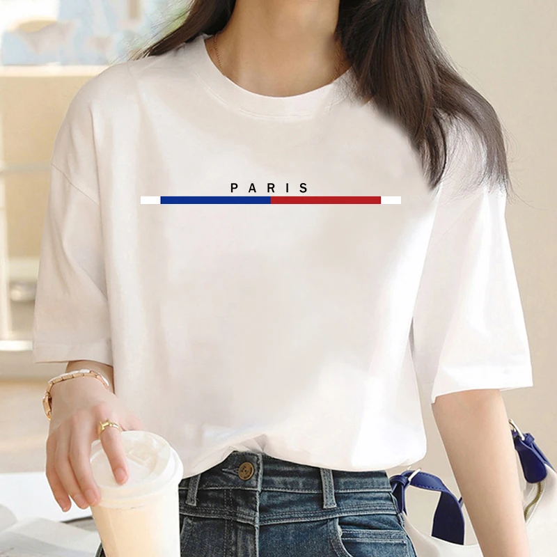 Red and blue bar Paris letter T Shirt Women Summer Tops Cartoon Heart Graphic Tees Cute Disney Anime T-shirt Female Tshirt