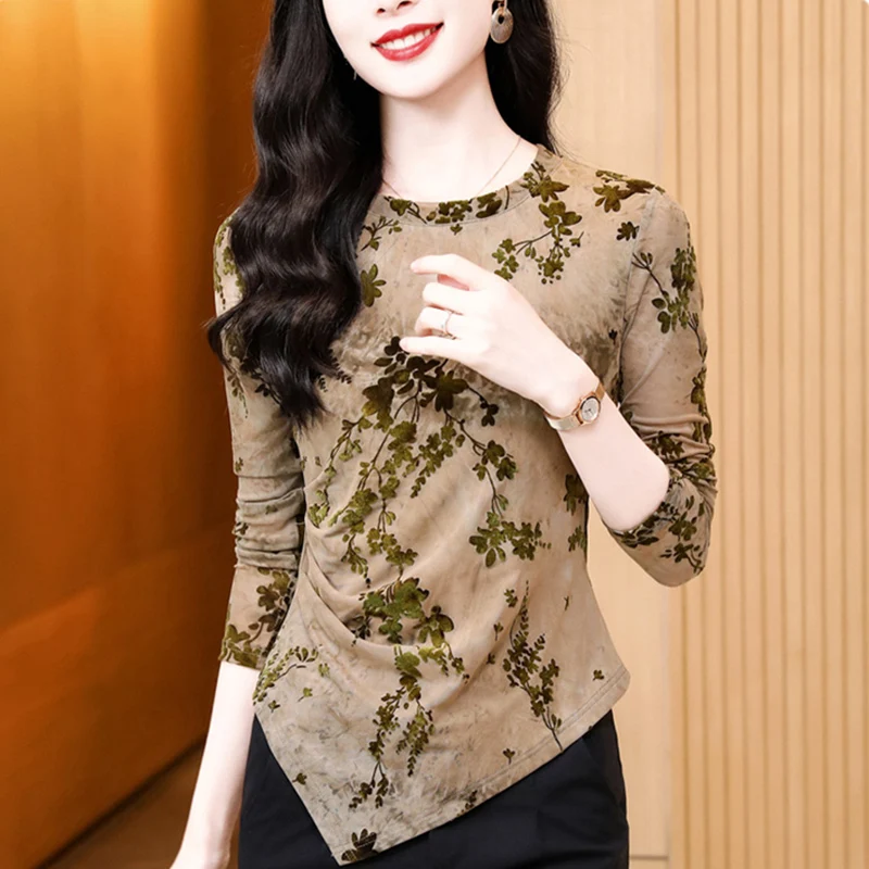 New 2025 Spring Long Sleeved O-Neck Flocking Women's T-Shirt Elegant Slim Irregular Printed Base shirt M-3XL Mesh Tees Tops