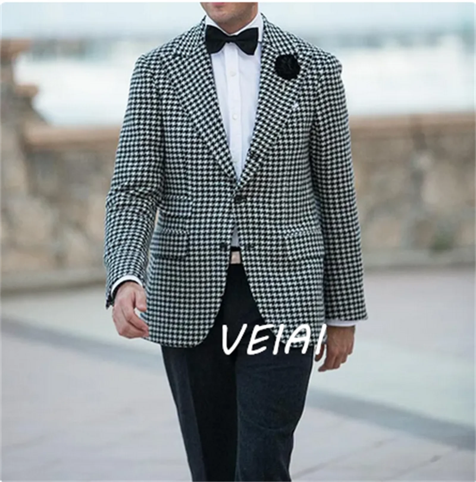 

Checkered Houndstooth Men Suits for Wedding Prom 2 piece Groom Tuxedo Plaid Man Set Blazer with Black Pants Male Fashion Clothes