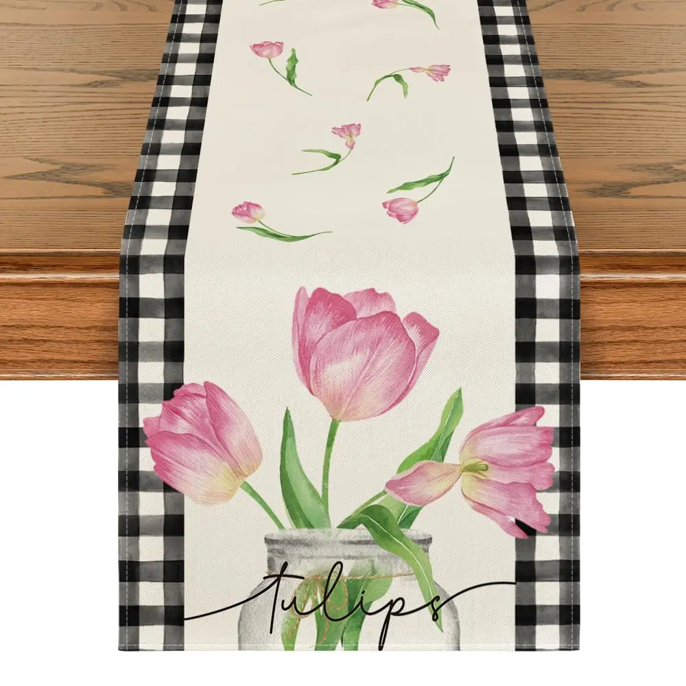 

Buffalo Plaid Table Runner, Pink Tulips, Spring, Summer, Kitchen, Dining Table Decoration, Home Party Decor