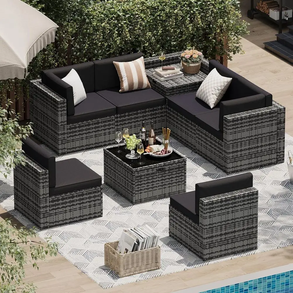 

8-Piece Wicker Outdoor Furniture Set with Storage Table, Waterproof Cover, Grey/Black for Patio or Garden