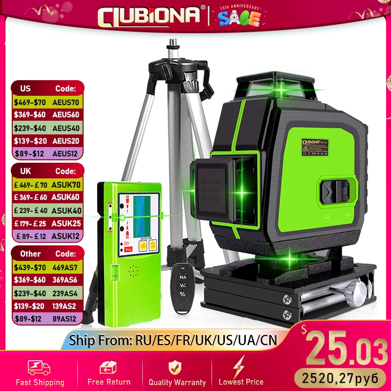 Clubiona 16/12 lines Laser Level professional Super powerful Green Lines With 4000mAh Li-ion Battery Remote Control pulse mode