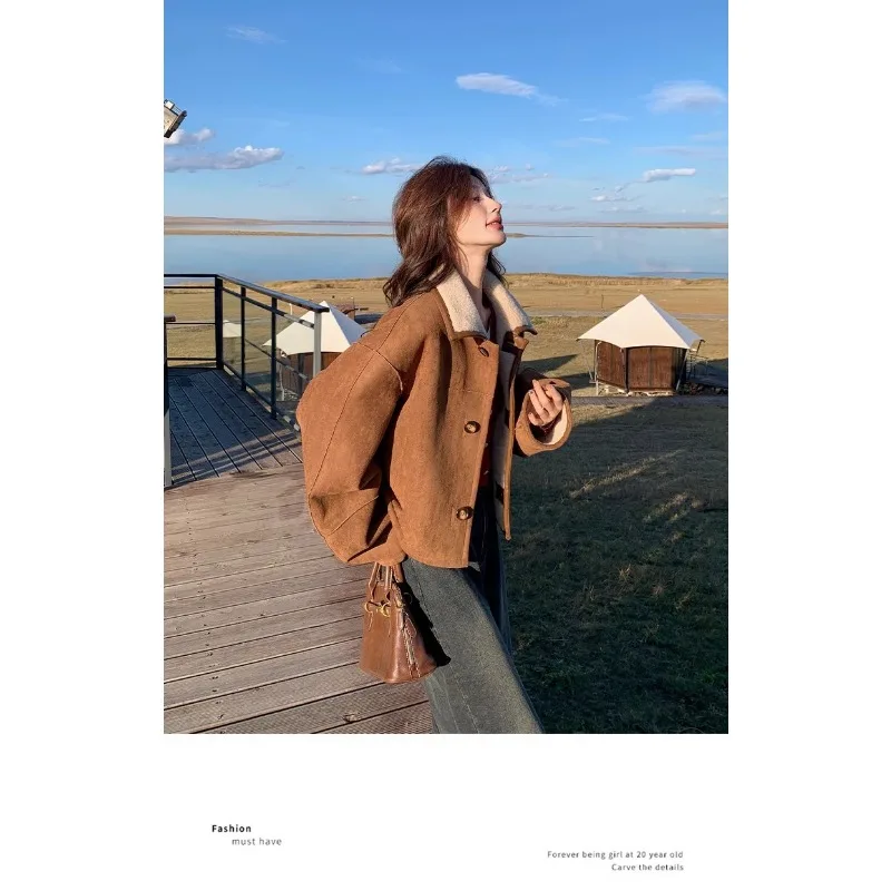 معطف فرو عكسي من قطعة واحدة من صوف امبسوول للنساء لخريف جديد أوائل الشتاء سترات قصيرة سميكة من جلد الغزال #6