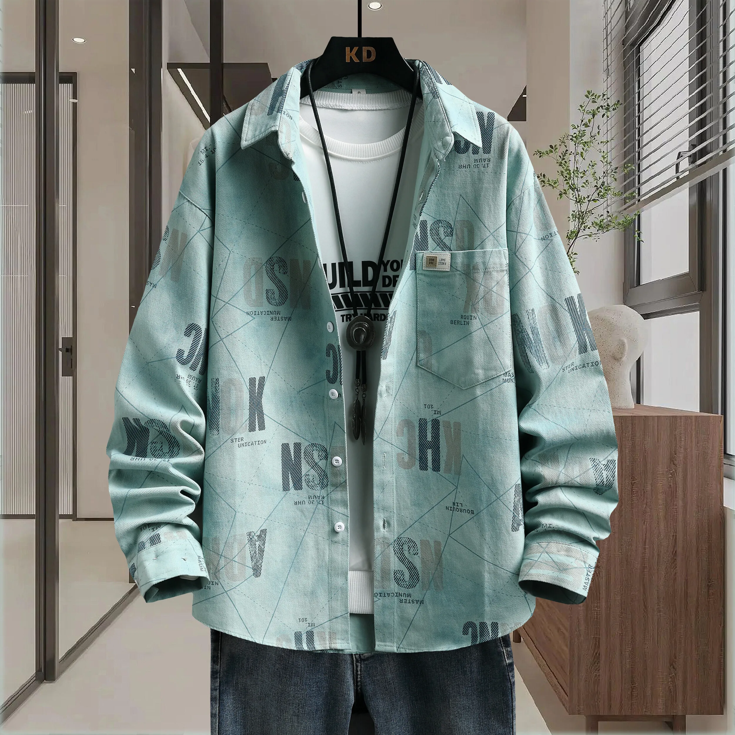 

2024, весенние новые стильные рубашки с буквенным дизайном, высококачественная повседневная мужская рубашка, осенняя умная повседневная мужская рубашка, полный размер M-3XL