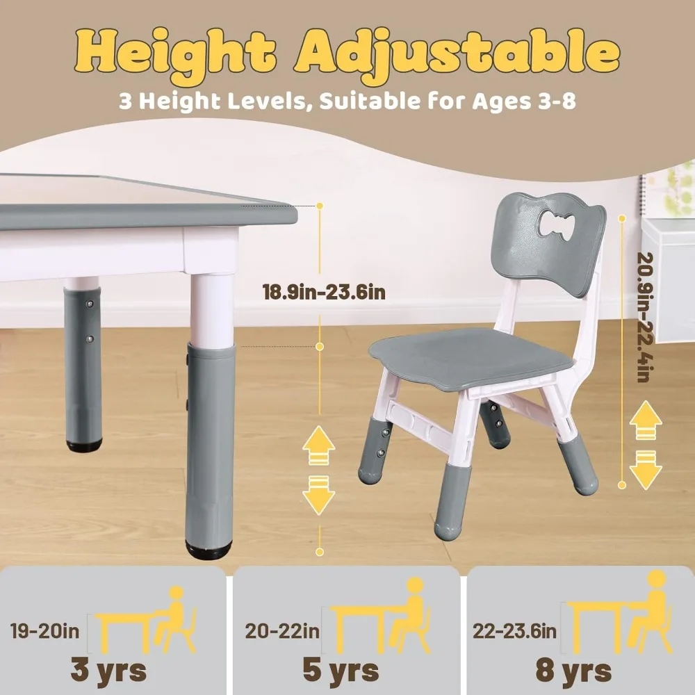 Kids Table and 4 Chairs Set, Height Adjustable Toddler Table and Chair Set for Ages 3-8, Easy to Wipe Arts & Crafts Table