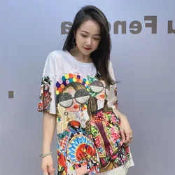 2023 Spring Summer New Round Neck Pullover Cartoon Print Top Women's Heavy Industry Beads Rhinestone Loose Short Sleeve T-shirt