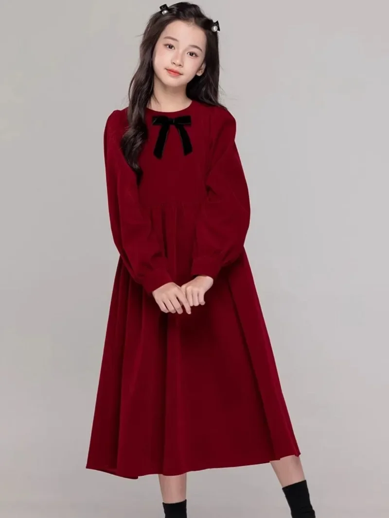 

Girls' Autumn/Winter Fleece-lined Red New Year's Princess Mid-Length Dress - 4-12 Years Old