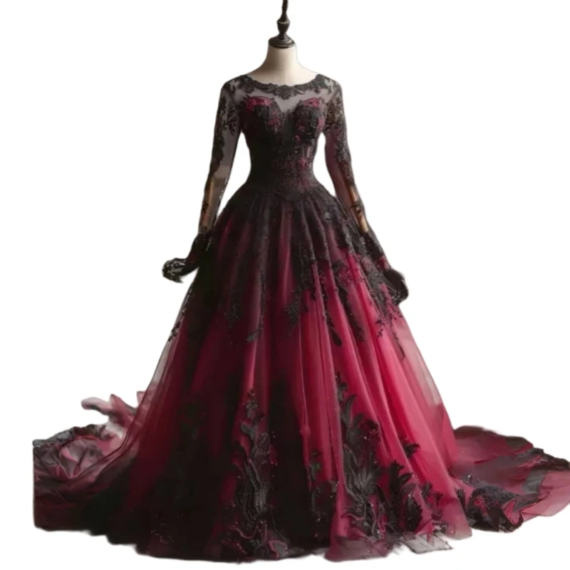 Vintage gotische zwarte en bordeaux trouwjurk lange mouwen kant applicaties retro bruidsjurken op maat vestidos de novia